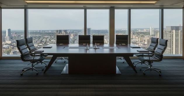 Empty boardroom with city skyline view representing cross-border workforce management complexity